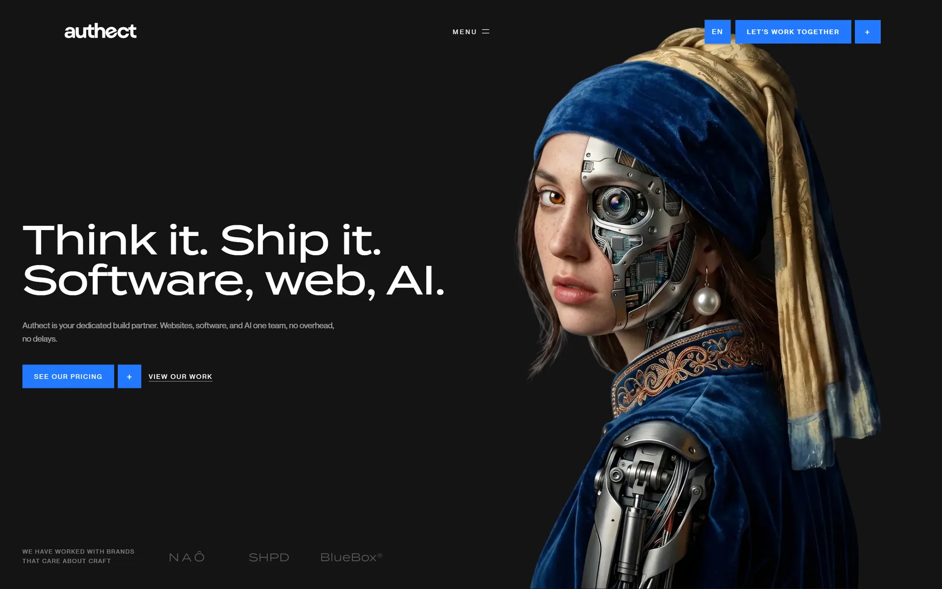 Authect home page: Think it. Ship it. Software, web, AI. Beside a portrait that is half painting, half machine.
