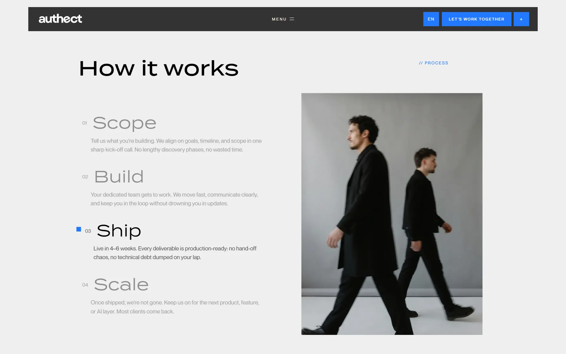 How it works, on the Authect home page: scope, build, ship, scale.