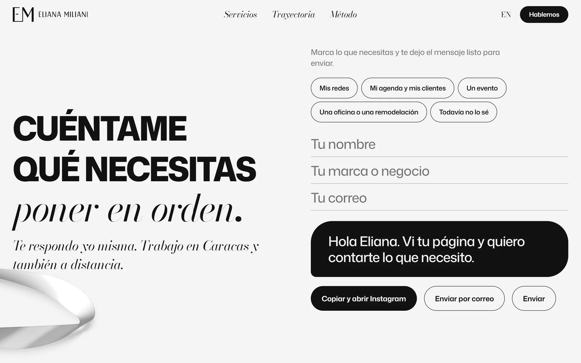 Contact page: Cuéntame qué necesitas poner en orden (tell me what you need put in order), beside a form that has already written the first message.
