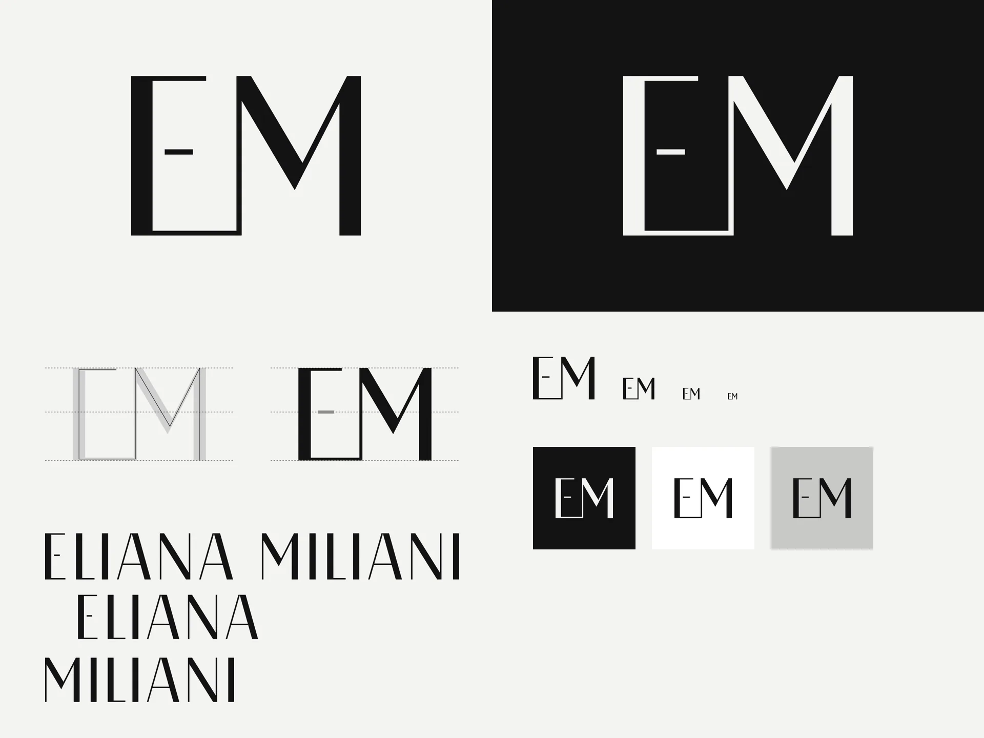The Eliana Miliani identity on one sheet: the EM mark in ink and in paper, its construction, the wordmark on one line and on two, and the mark at four sizes and on three tiles.