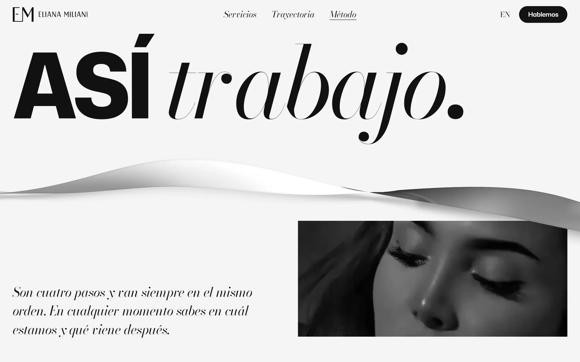 Method page: Así trabajo (this is how I work), with the ribbon crossing the screen and a band of her portrait cut across her closed eyes.