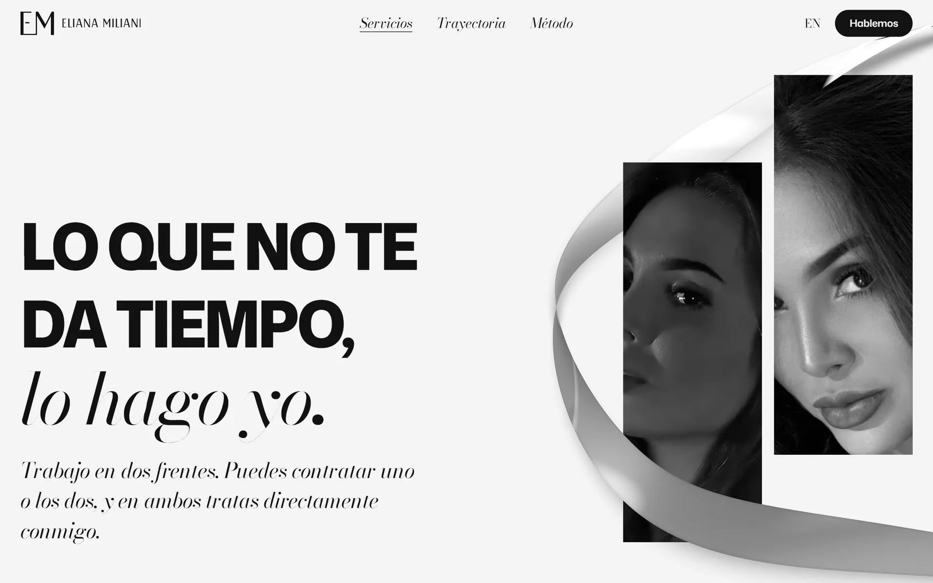Services page, in Spanish: Lo que no te da tiempo, lo hago yo (what you have no time for, I do), beside two tall slivers of her portrait hung at different heights, with the ribbon passing behind them.