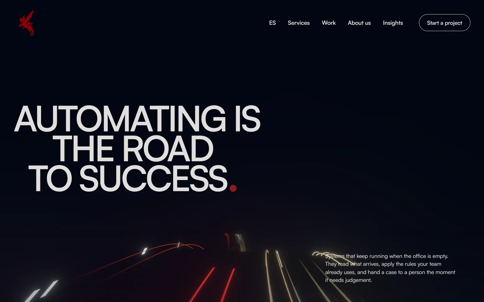 Automation page hero: Automating is the road to success, over streaking road lights.