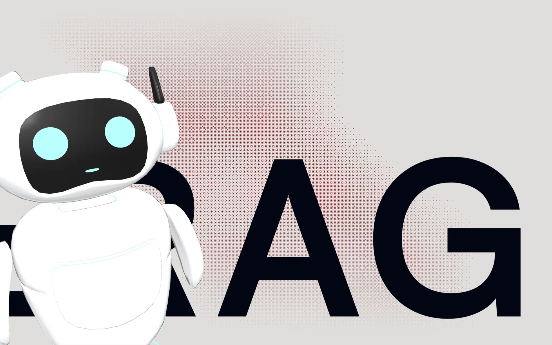 A white robot leaning into frame in front of oversized type.