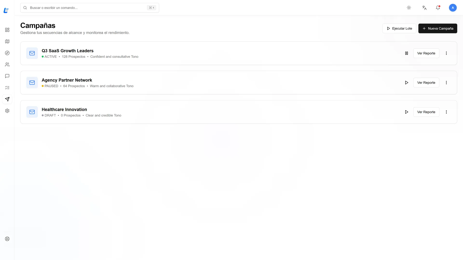 Campaign list showing audience size and tone for each sequence.