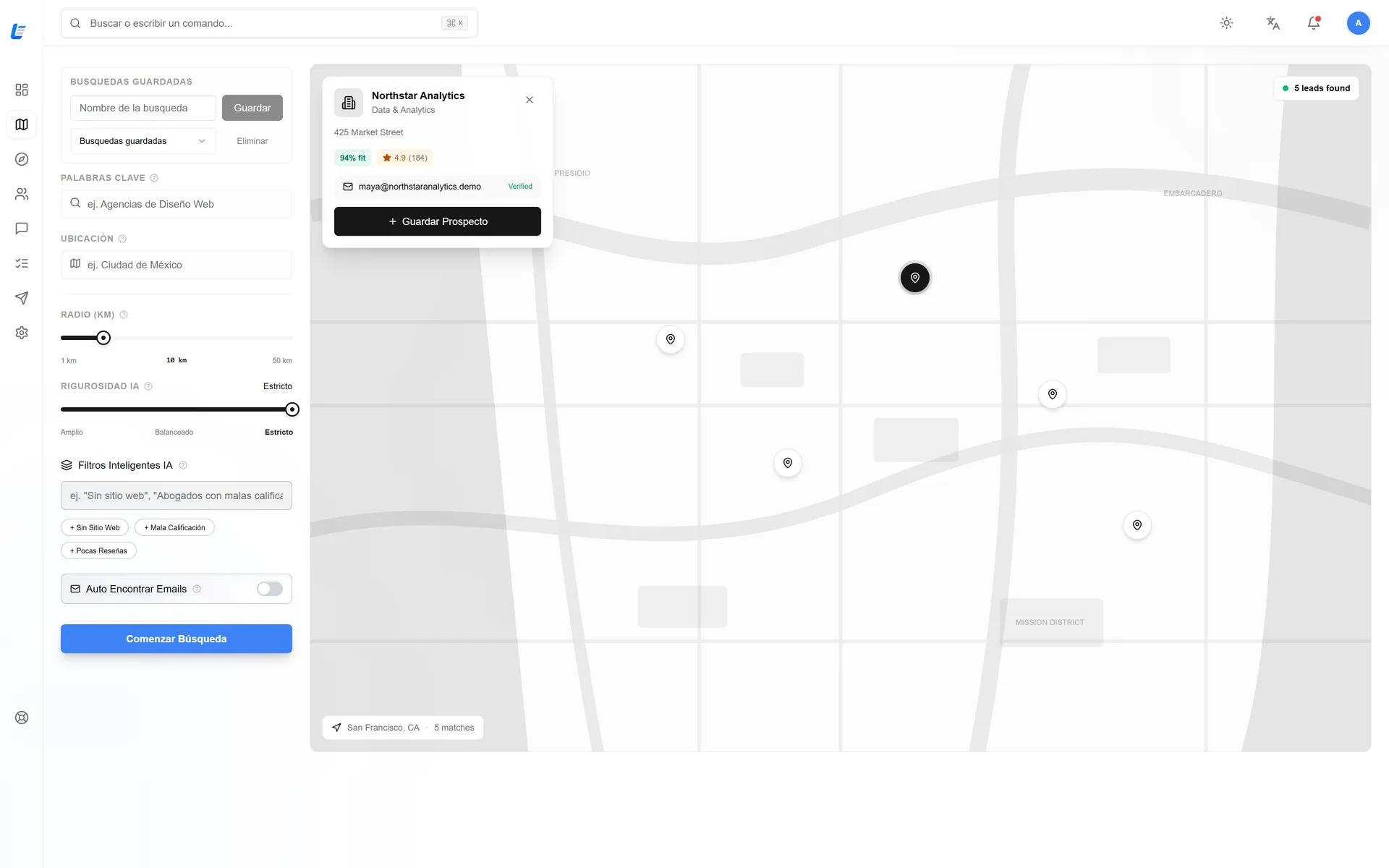 Leadesse lead search: keywords, location, radius and AI strictness beside a map of results.