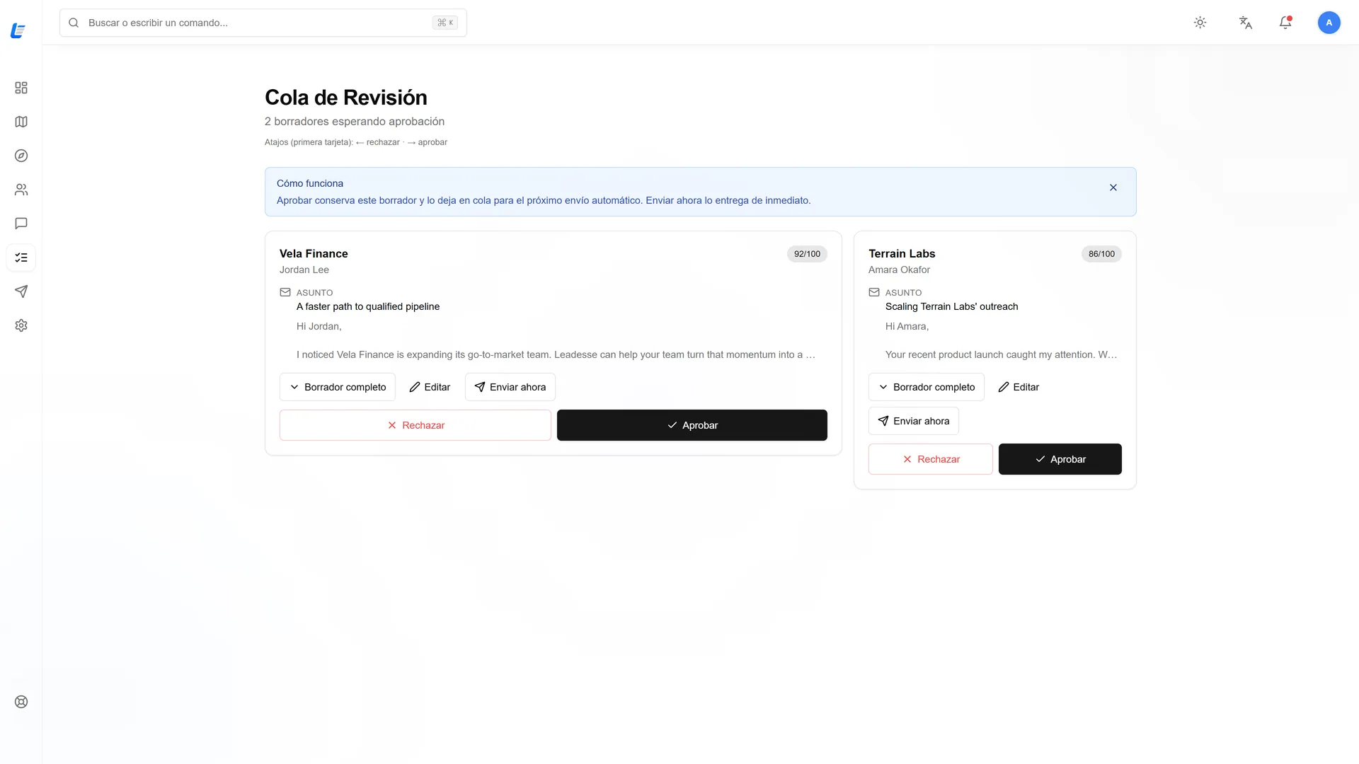 Review queue: two drafts with approve, edit and reject controls.