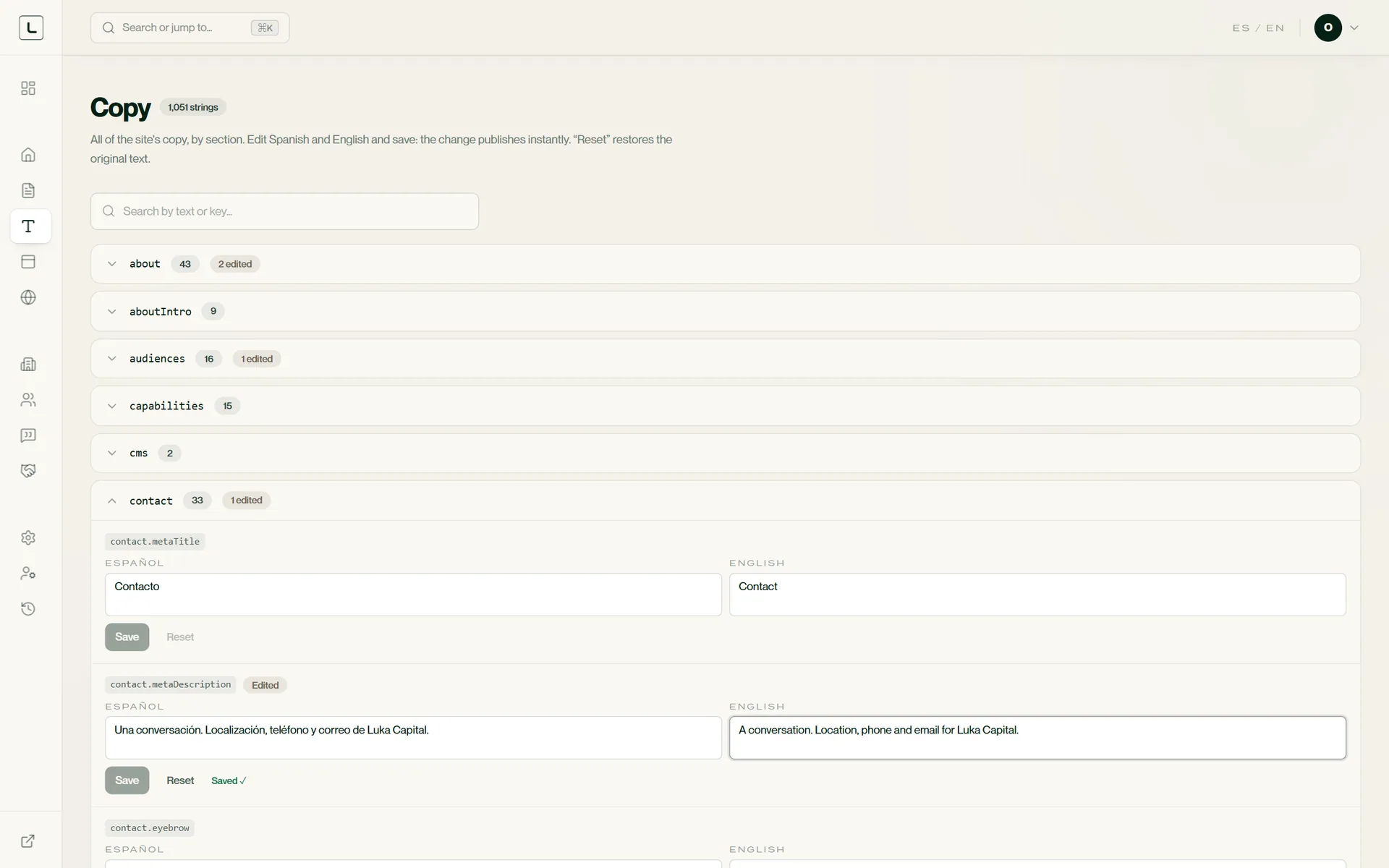 The Copy screen: the site's strings grouped by section, with the contact page's search title and description open in Spanish and English.