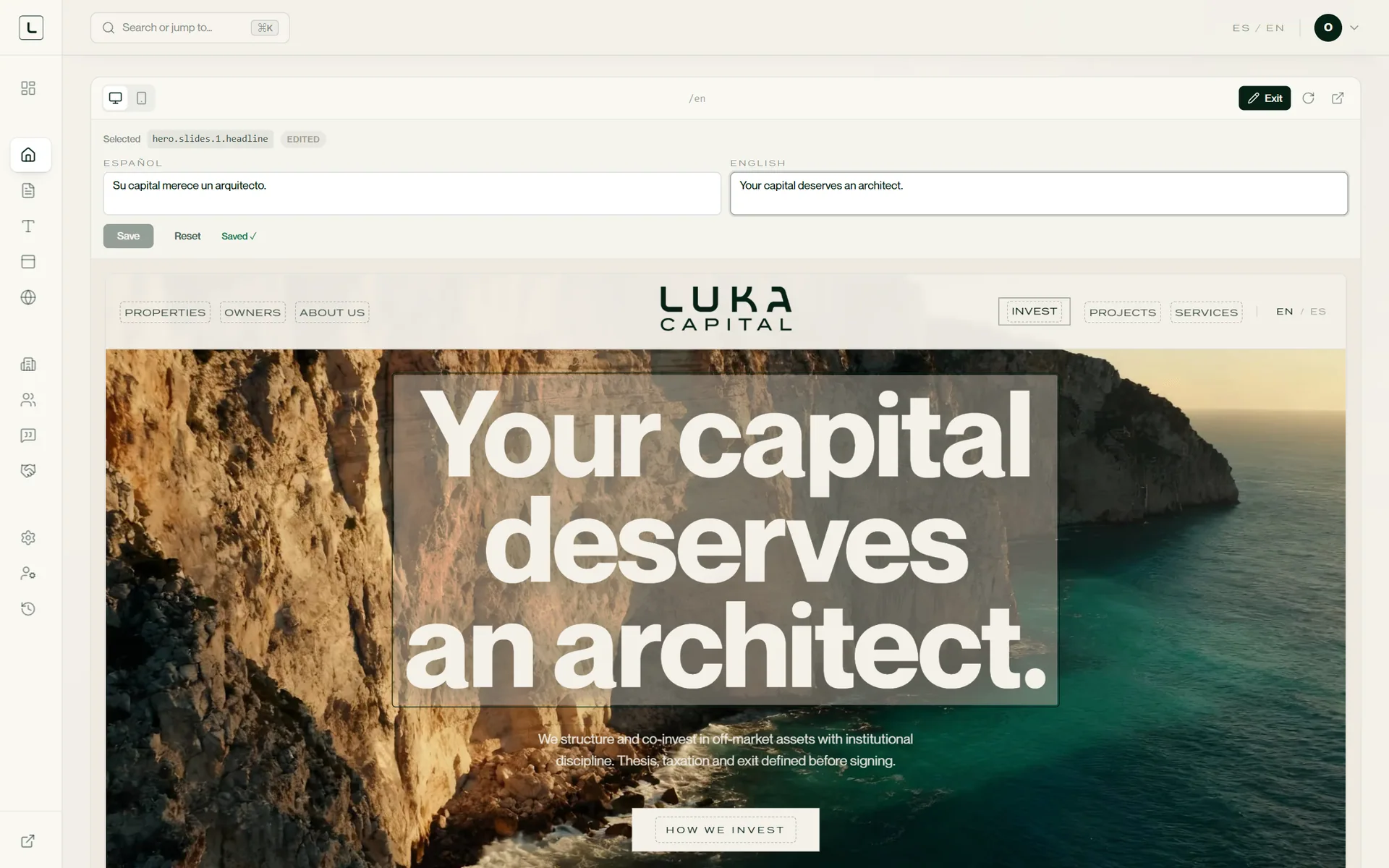 Luka Studio's live editor. The home page of lukacapital.co sits in a preview with its headline selected, and the Spanish and English versions of that headline are open in two fields above it.