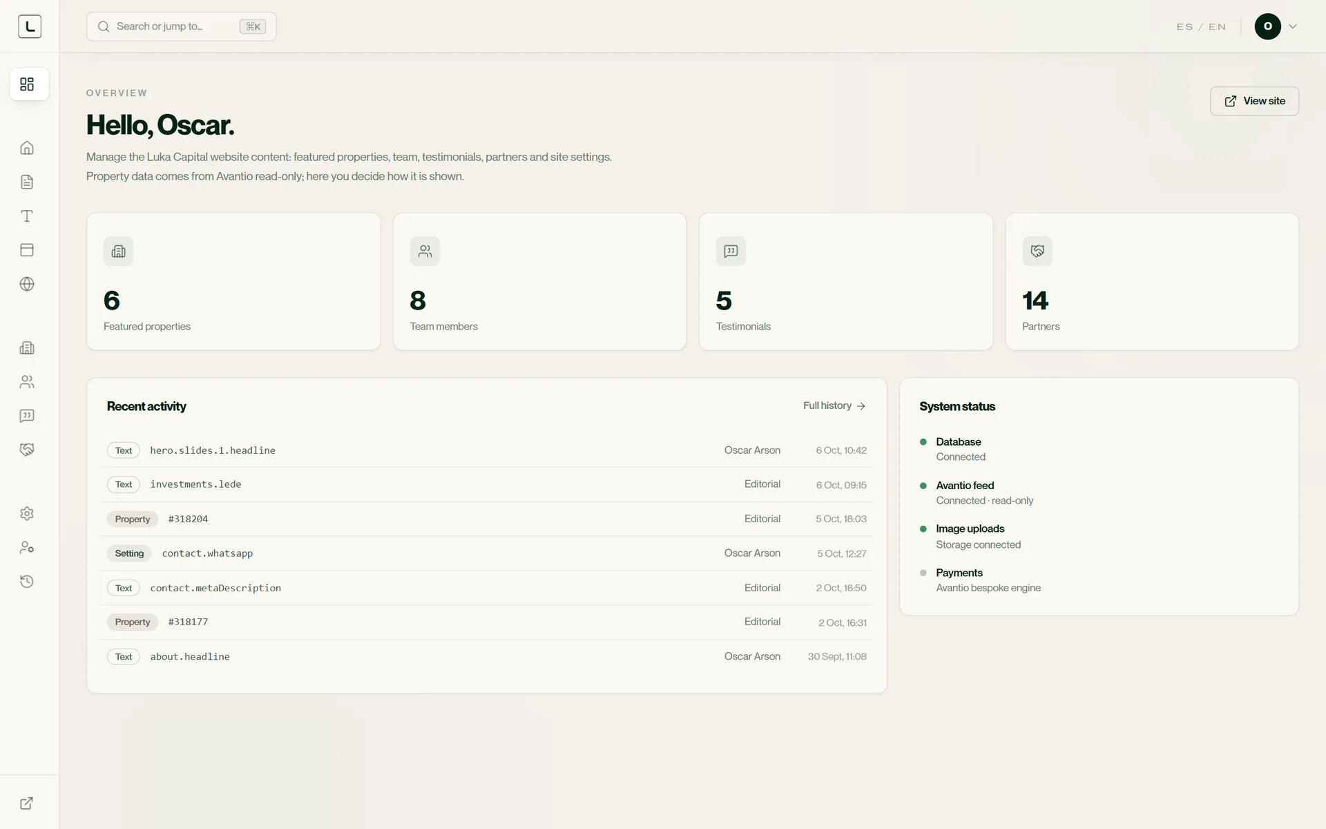 The studio's overview: counts of featured properties, team members, testimonials and partners, a list of recent edits, and the state of each connected system.