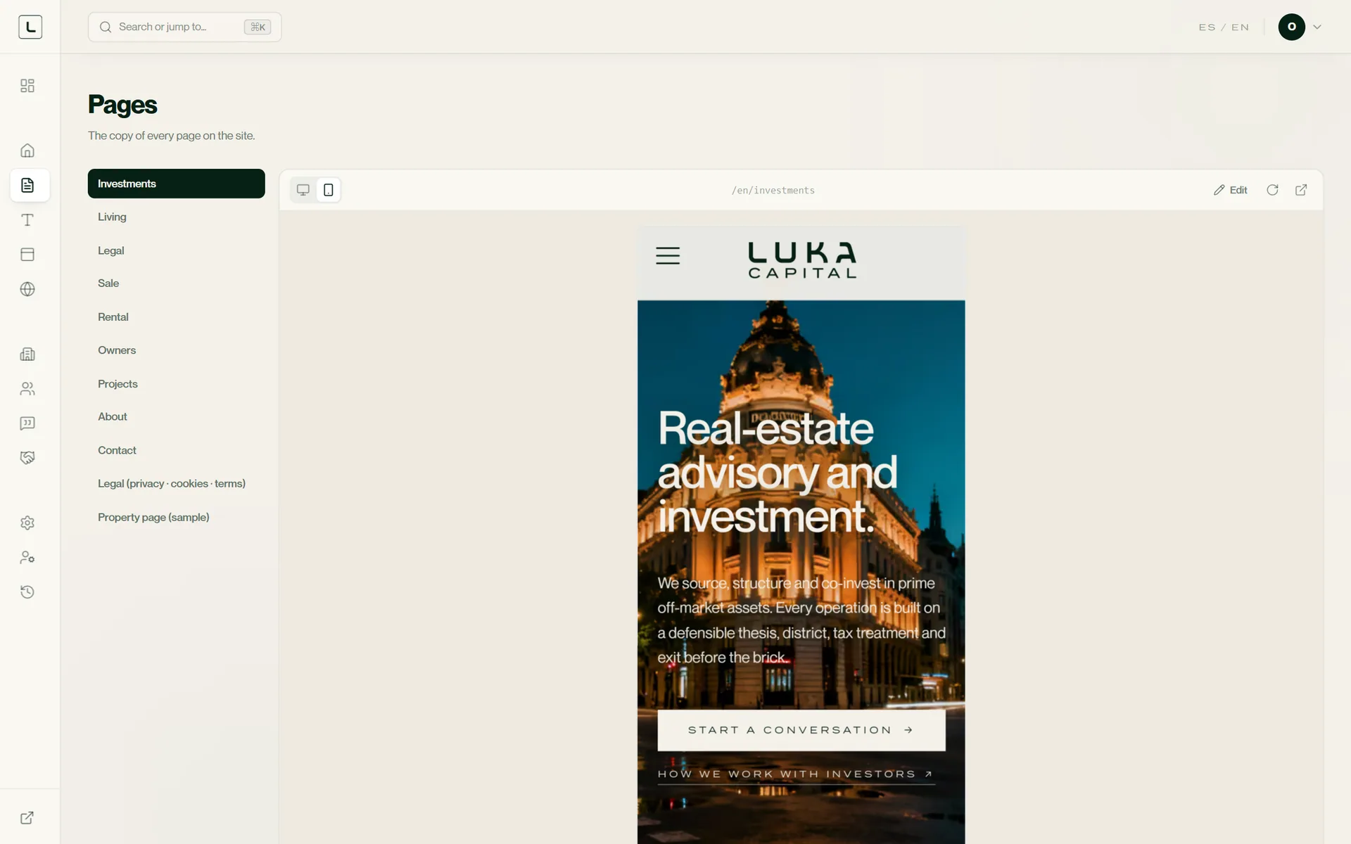 The Pages screen: a list of the site's pages beside a preview of the investments page at phone width.