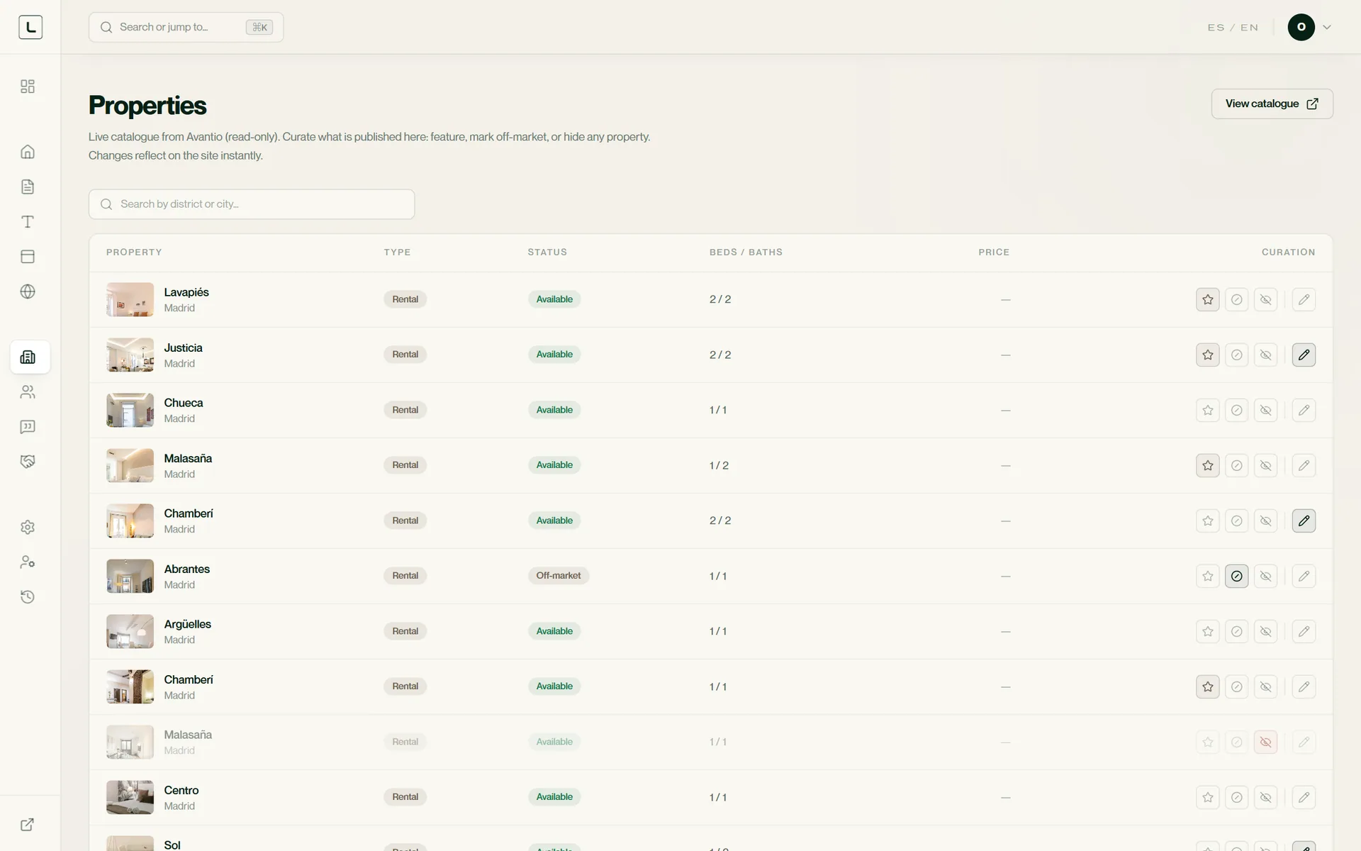 The Properties screen: a table of Madrid apartments with their type, status and rooms, and the toggles to feature, mark off-market or hide each one.
