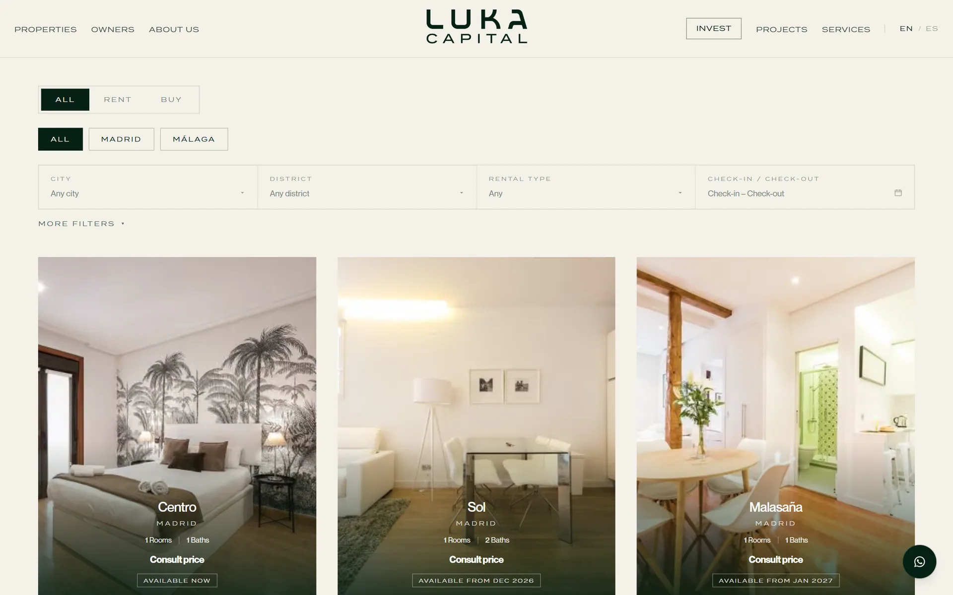 Property catalogue with filters for city, district, rental type and dates.