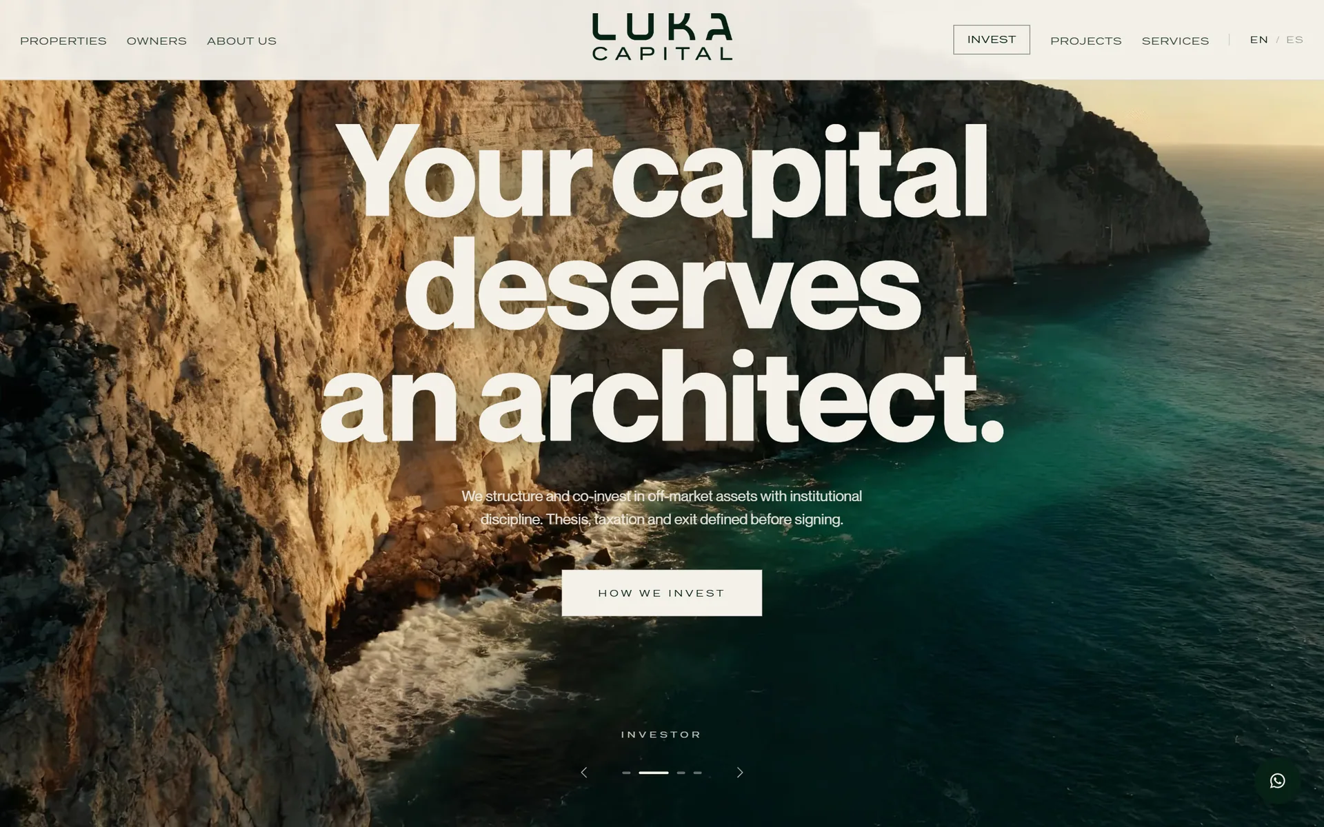 Luka Capital home page over sea cliffs. The headline reads: Your capital deserves an architect.