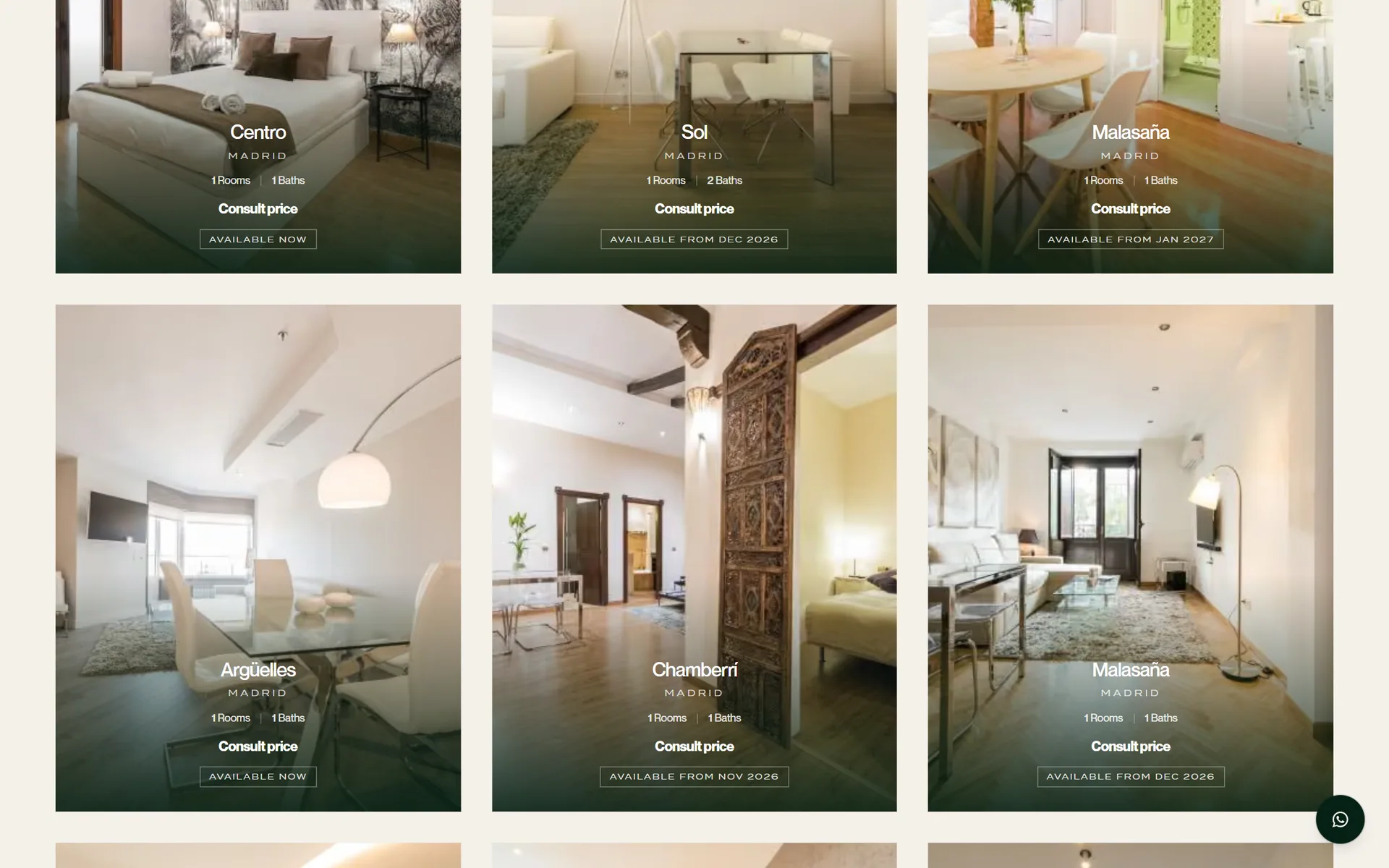 Grid of apartments in Madrid with availability dates.