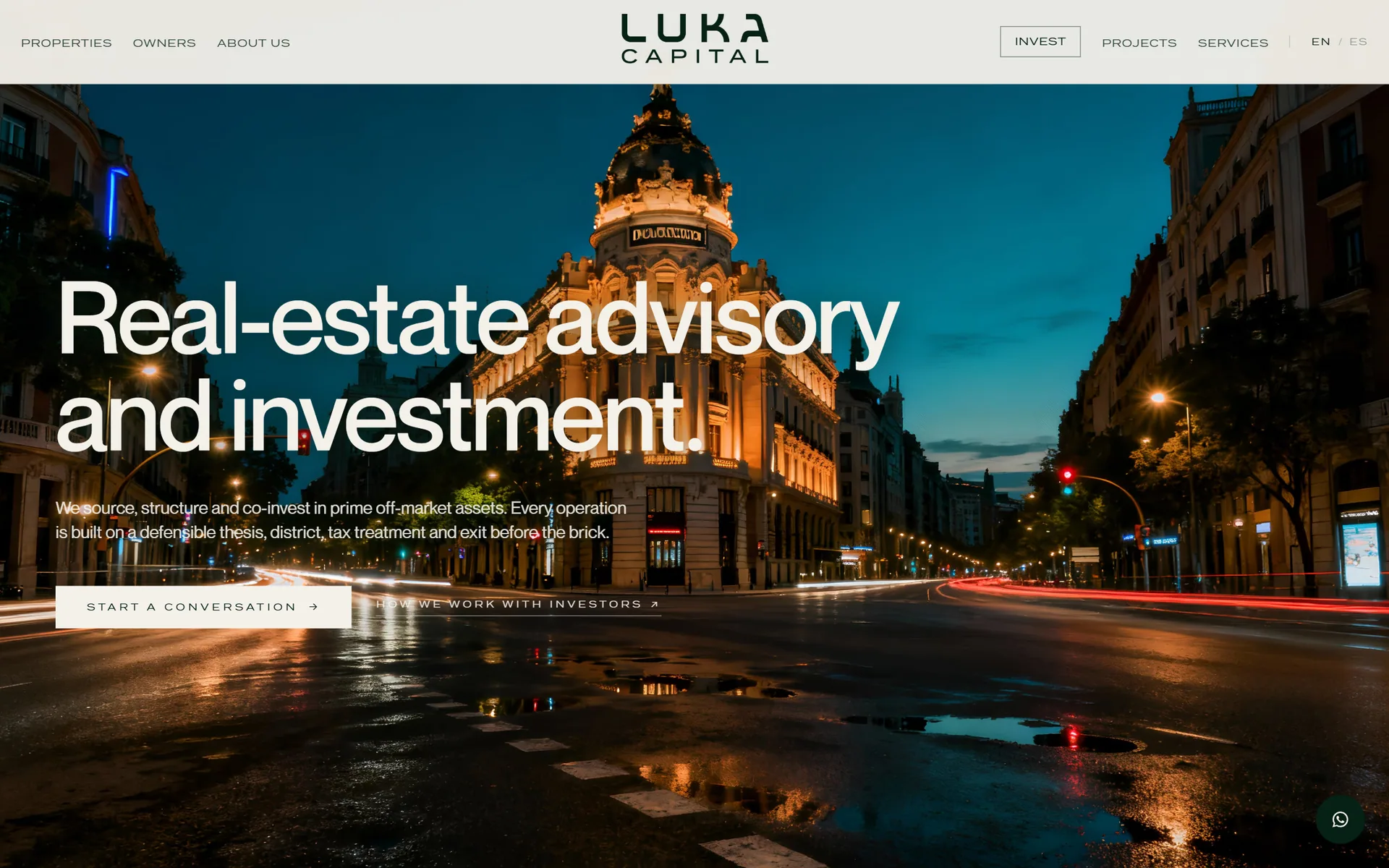 Investments page: Real-estate advisory and investment, over Madrid at night.