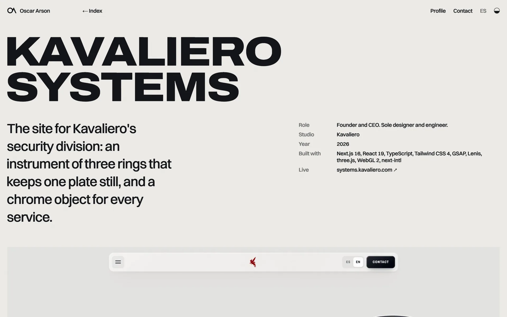A case study on the surface: the title Kavaliero Systems set across the page, its summary, and its role, studio, year and stack beside it.