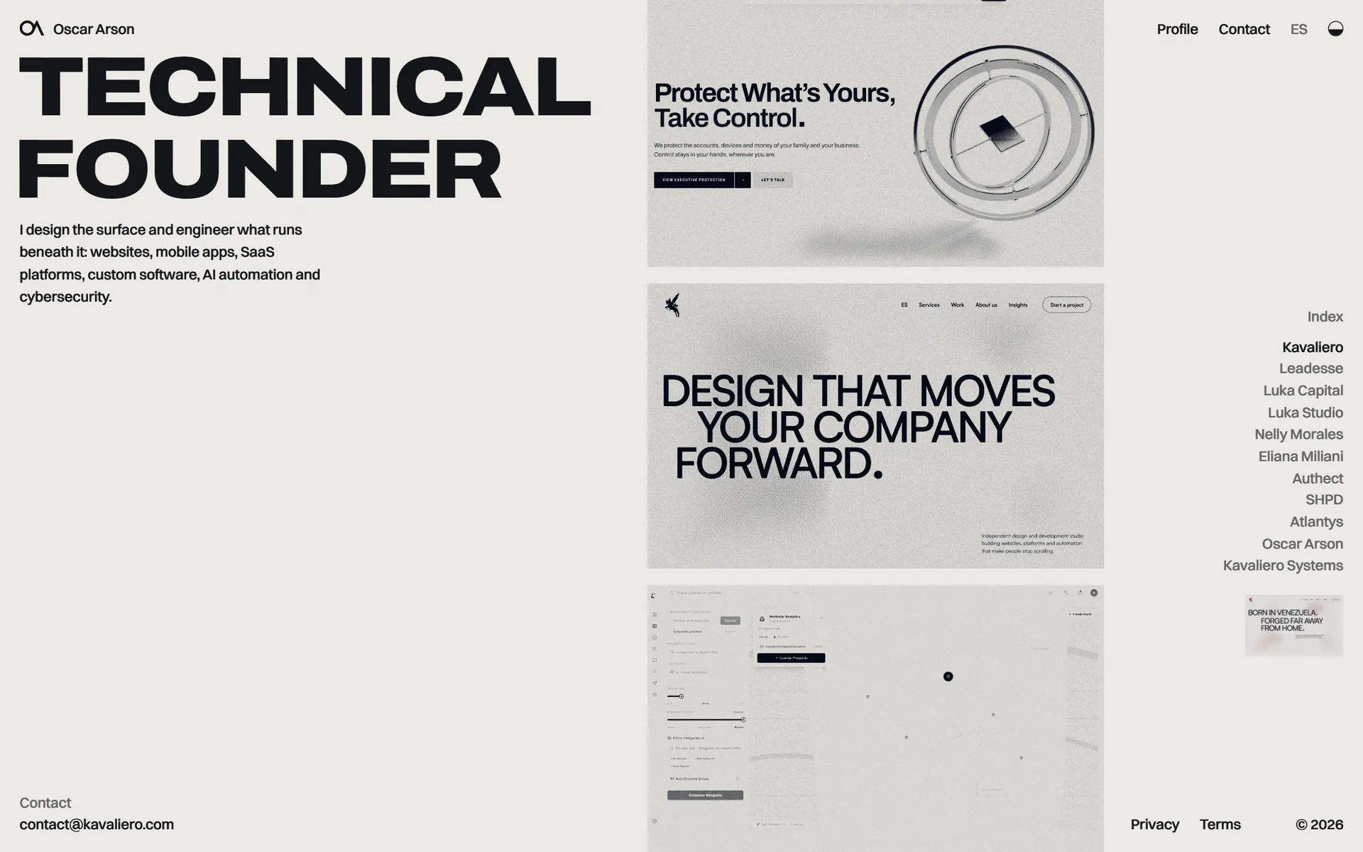 The index of oscararson.com on its paper surface: the headline Technical Founder, a column of three project covers printed in two inks, and the list of projects.