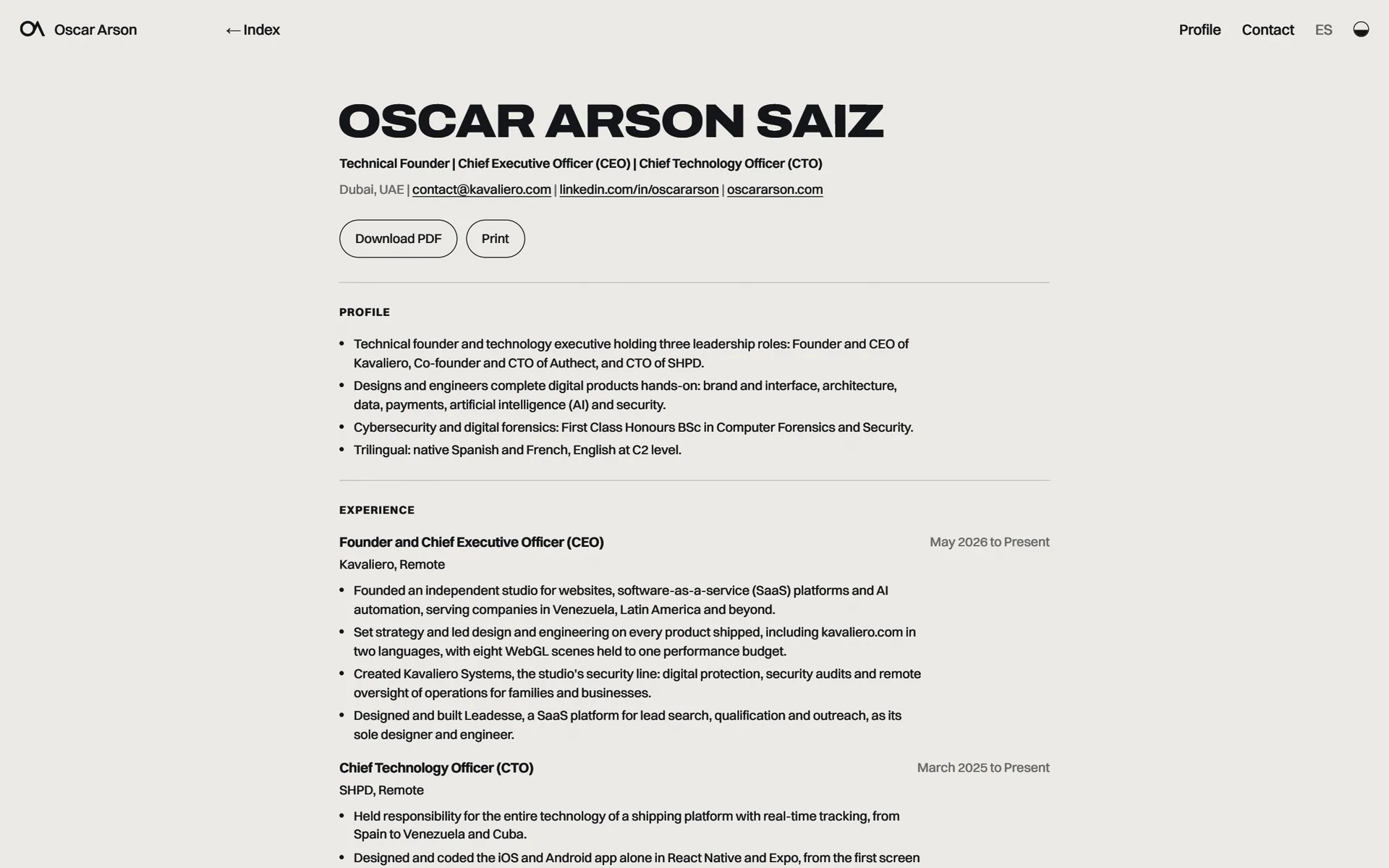 The CV page: the name, the titles held, contact details, and the profile and experience sections in one column.