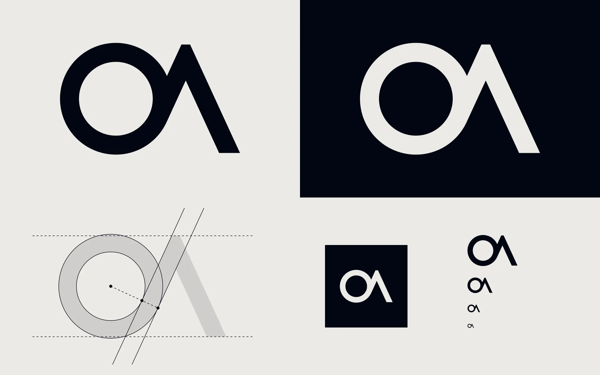 The OA monogram on one sheet: in ink and in paper, its construction from a ring and a tangent, a tile, and four sizes.