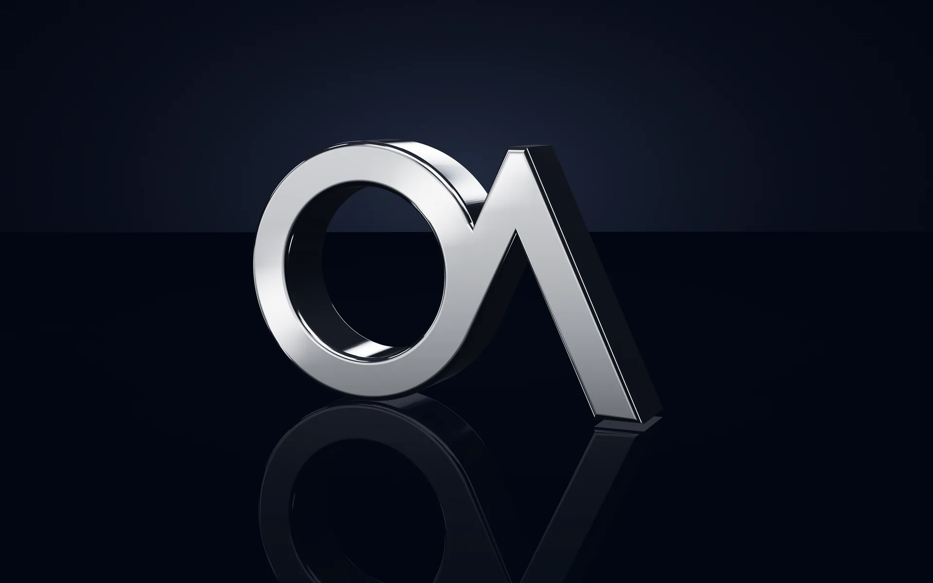 The monogram in polished steel on a dark floor, rendered from the same outline.