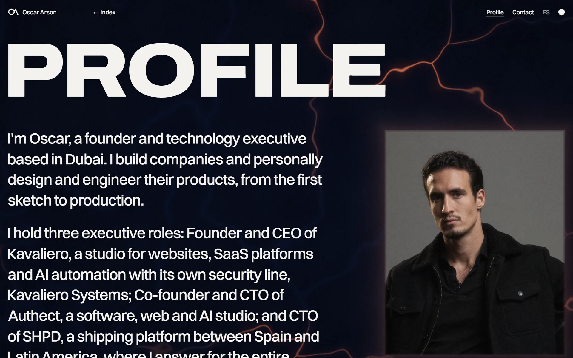 The profile page beneath: the word Profile across the top, the bio, and a portrait of Oscar Arson in colour.
