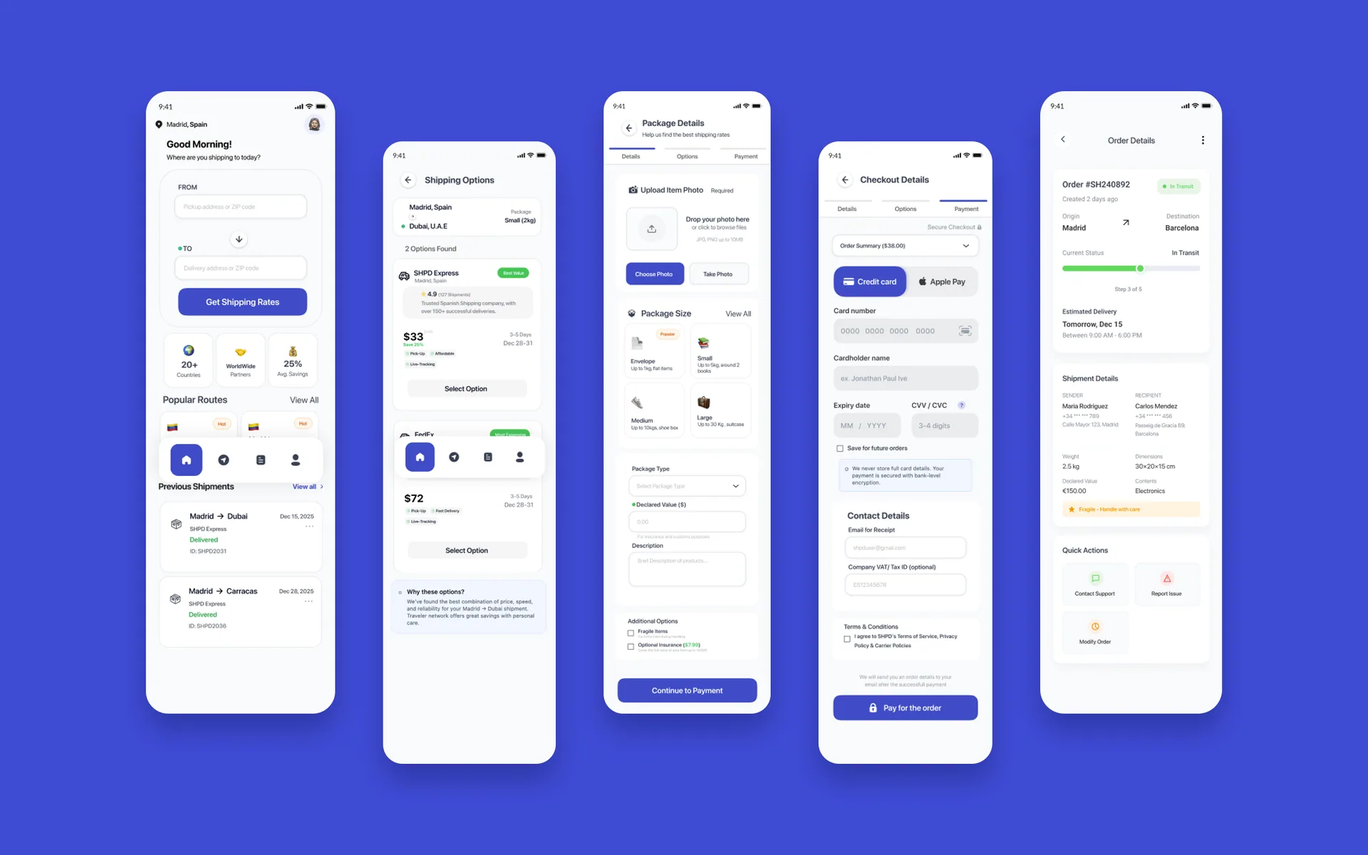 Five screens of the SHPD app: home, shipping options, package details, checkout and order details.
