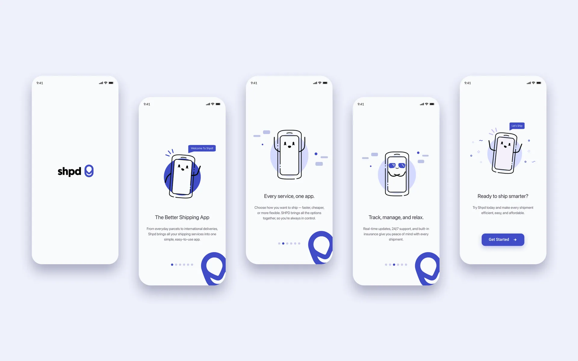 The app's splash screen and four onboarding screens, each with a line-drawn phone character.