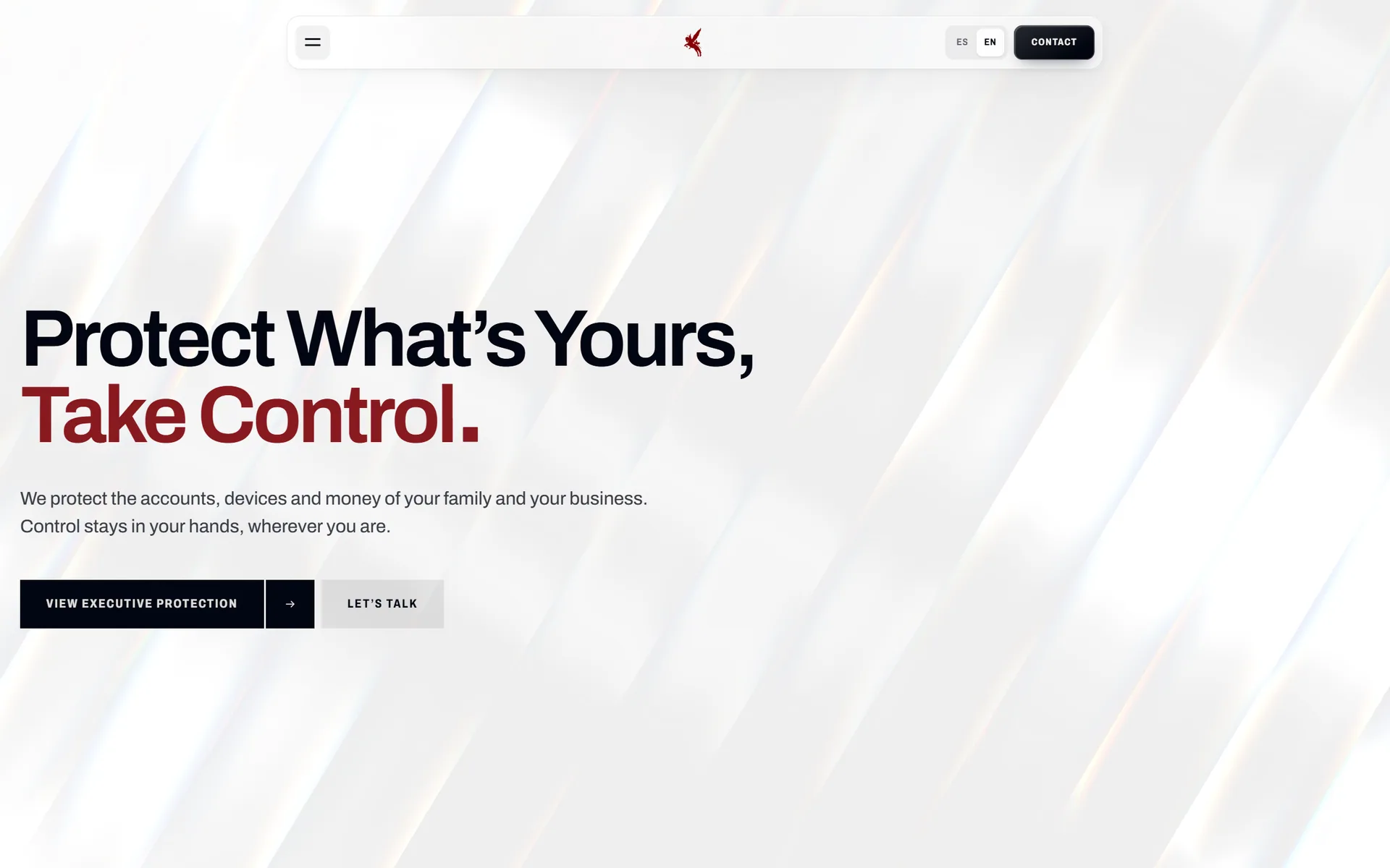 Kavaliero Systems home page behind fluted glass. The headline reads: Protect what's yours, take control.