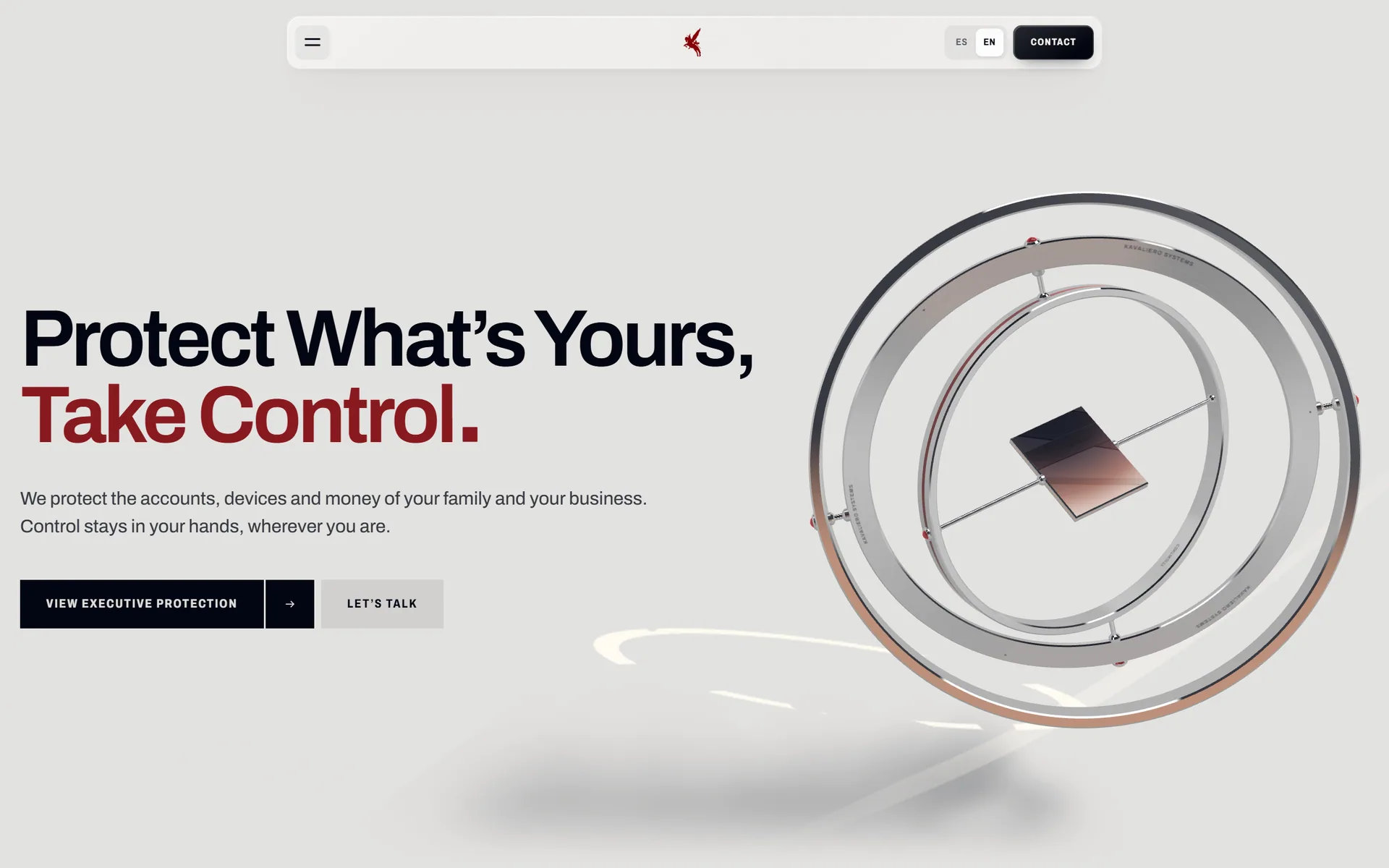 Kavaliero Systems home page. The headline reads: Protect what's yours, take control. Beside it hangs an instrument of three chrome rings round a dark plate.