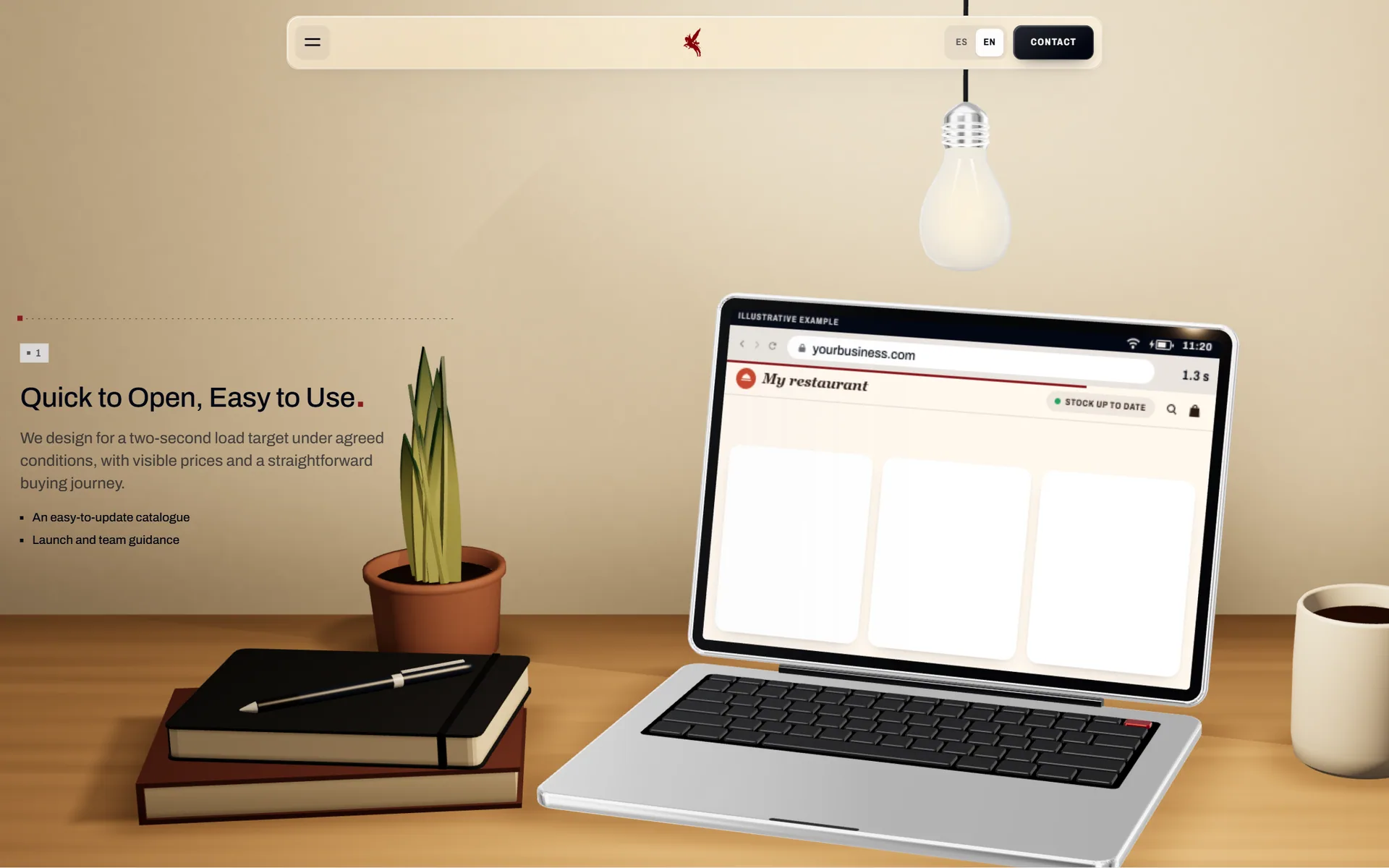 Resilient websites page: a laptop on a desk under a bare bulb.