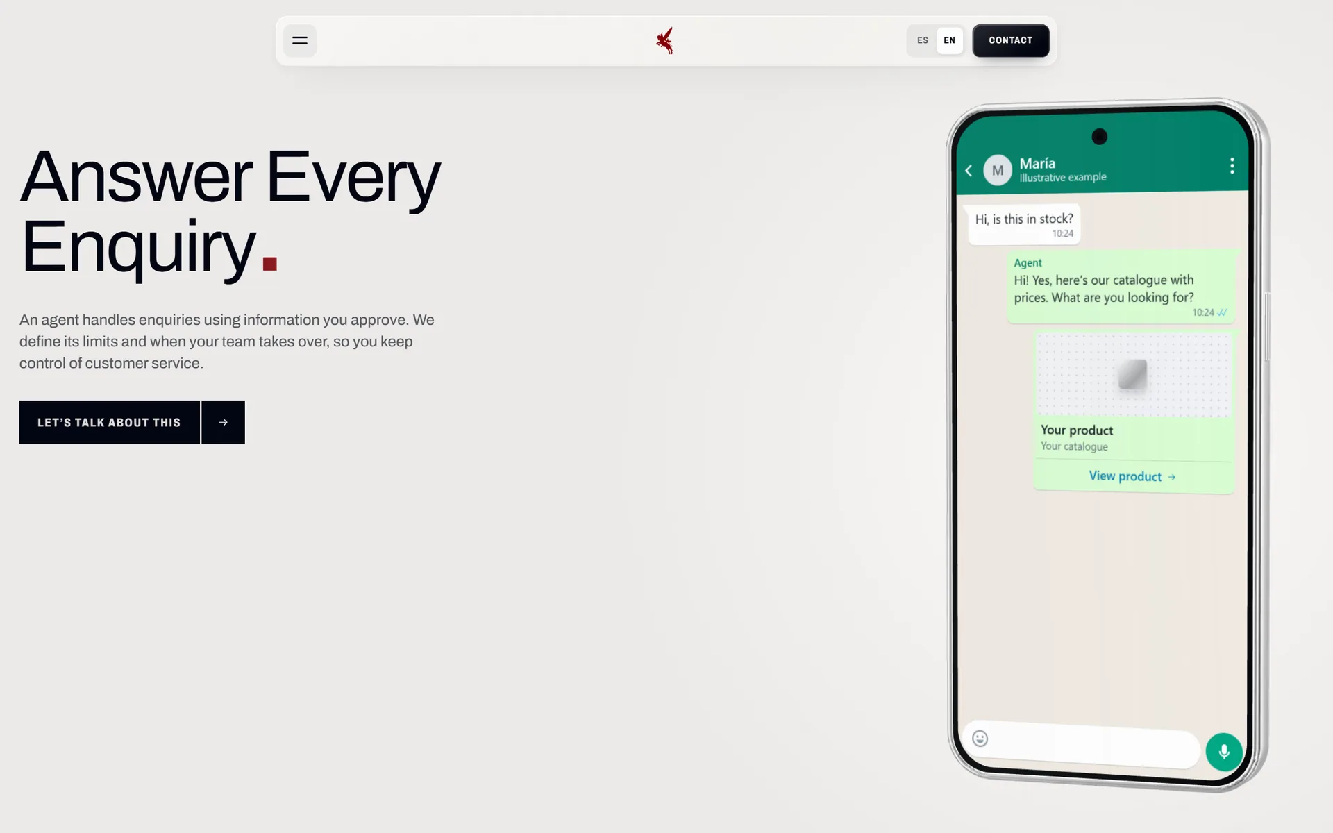 WhatsApp agent page: Answer every enquiry, beside a phone showing a conversation.